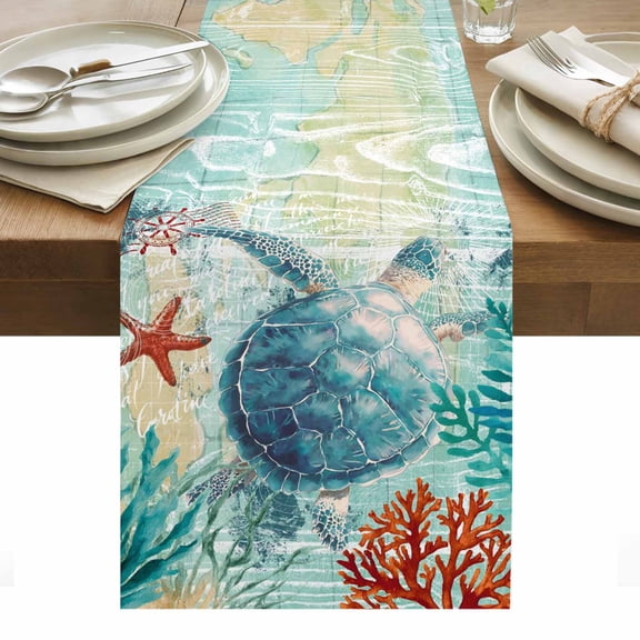 Nautical Marine Life Table Runner 13 x 36 Inch, Sea Turtle Starfish Coral Seaweed Blue Ocean Washable Cotton Linen Dining Table Runner Tabletop Decorations for Restaurant Home Kitchen Party