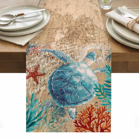 Nautical Marine Life Table Runner 13 x 36 Inch, Sea Turtles Starfish Coral Seaweed Blue Ocean Retro Washable Cotton Linen Dining Table Runner Tabletop Decorations for Restaurant Home Kitchen Party