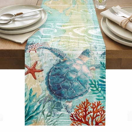 Nautical Marine Life Table Runner 16 x 72 Inch, Sea Turtle Starfish Coral Seaweed Blue Ocean Washable Cotton Linen Dining Table Runner Tabletop Decorations for Restaurant Home Kitchen Party