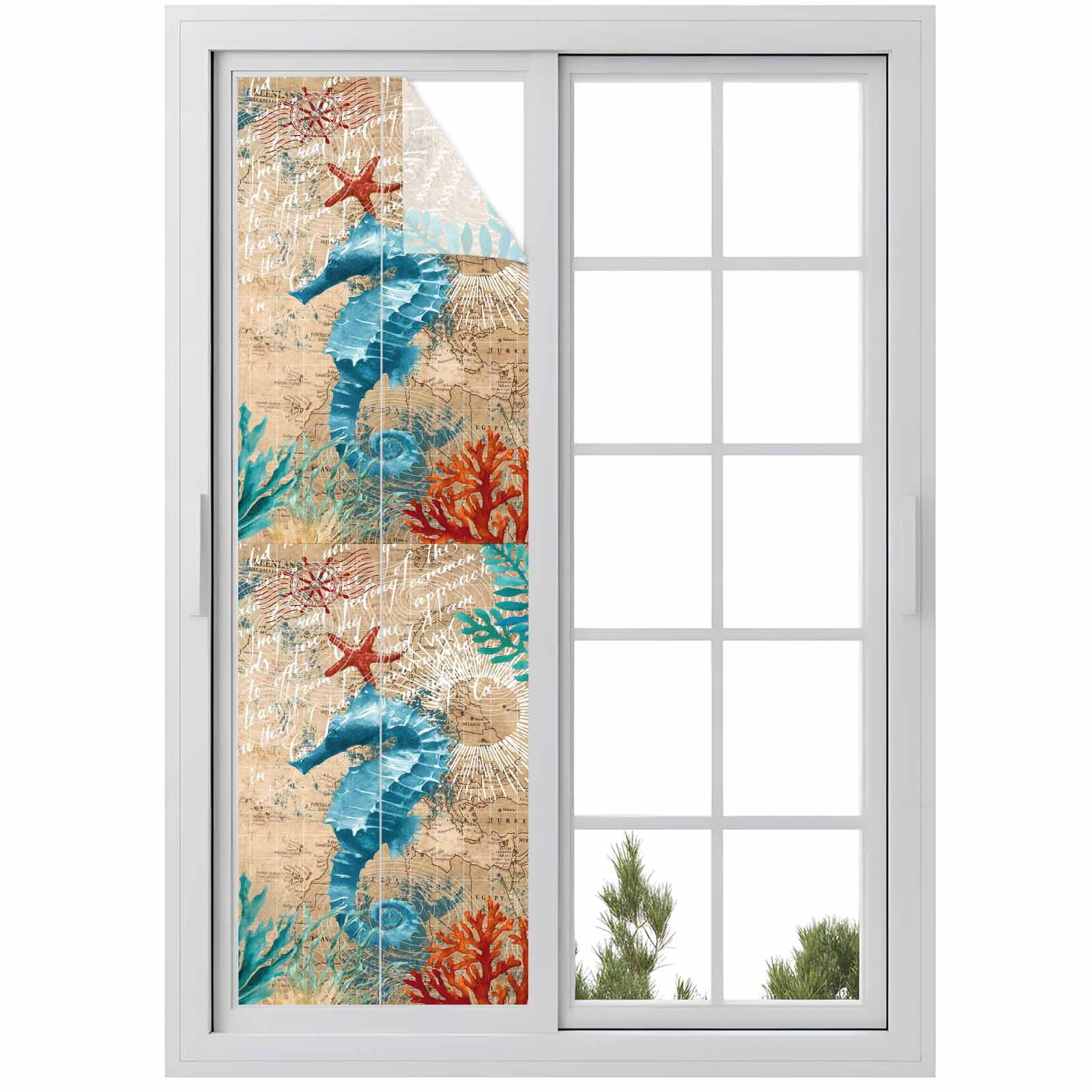 Nautical Marine Life Window Privacy Film, Hippocampus Starfish Coral Seaweed Blue Ocean Retro Frosted Glass Window Clings Static Cling UV Heat Blocking Reusable Sticker for Bedroom 23.6x78.7 Inch