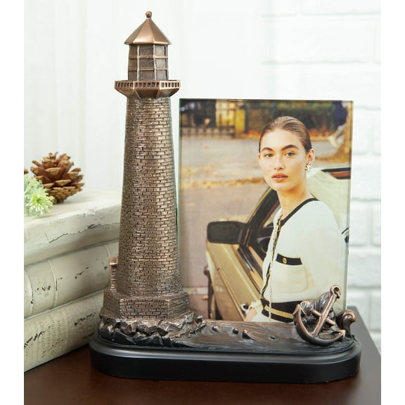 Nautical Marine Lighthouse And Ship Anchor Statue With 5"X7" Glass Photo Frame