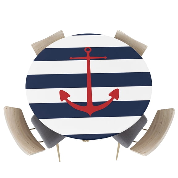 Nautical Marine Red Boat Anchor Fitted Round Tablecloths Elastic Edged Table Covers 55"-60",Blue and White Line Stripes Waterproof Dining Room Kitchen Table Cloth for Holiday Party Tables Decor