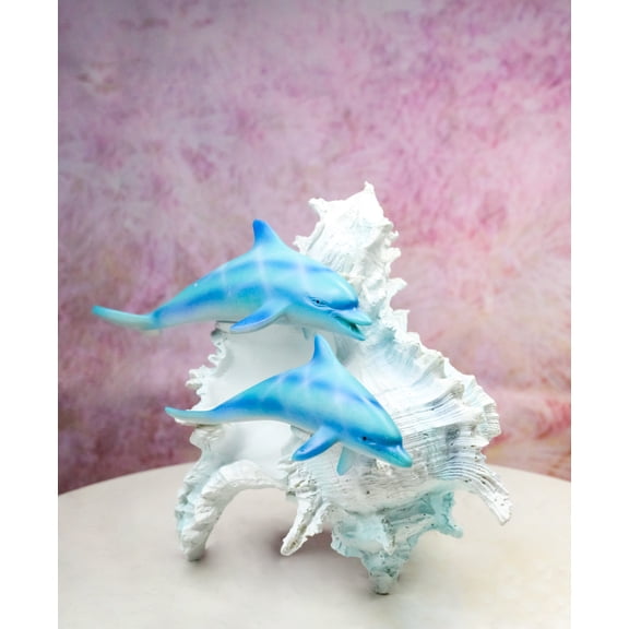 Nautical Marine Sea Blue Dolphins Swimming By Ocean Seashell Conch Figurine