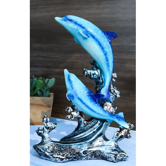 Nautical Marine Sea Ocean 2 Blue Dolphins Leaping Out Of The Reef Waves Figurine