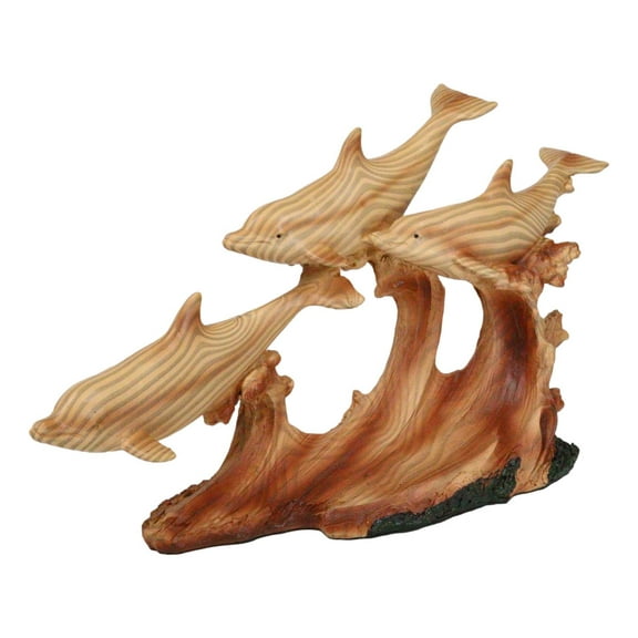 Nautical Marine Sea Ocean 3 Dolphins Swimming With Waves Faux Wood Figurine