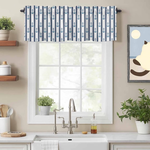 Nautical Marine Seamless Anchor Valances for Windows,Kitchen Valance Rod Pocket Short Curtain, Blue Stripe on White Valance Curtain Window Valances for Bedroom Bathroom Living Room 54x18in