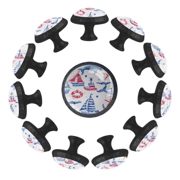 Nautical Marine Seamless Pattern 35MM Round Glass Cabinet Knobs, Kitchen Knobs for Drawer Dresser Cupboard Wardrobe Modern Pulls Handles Hardware, Set of 12