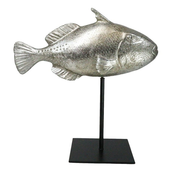 Nautical Marine Silver Tone Clown Triggerfish Fish Sculpture On Metal Pole Stand