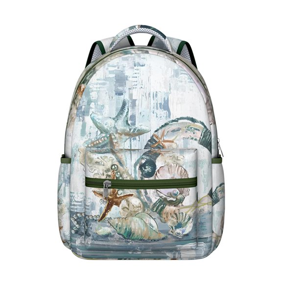Nautical Marine Student Backpack Durable Waterproof Composite Oxford Cloth with Seashell, Coral, and Tropical Fish Print, Comfortable Adjustable Straps, Perfect for School and Beach