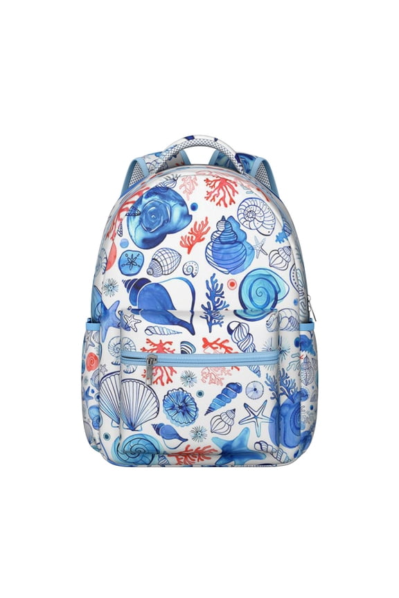 Nautical Marine Student Backpack Durable Waterproof Composite Oxford Cloth with Seashell, Coral, and Tropical Fish Print, Comfortable Adjustable Straps, Perfect for School and Beach