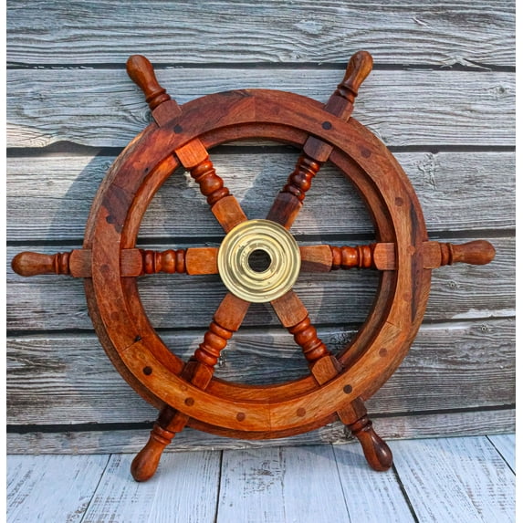 Nautical Marine Vintage Hardwood Wood & Brass Ship Steering Helm Boat Wheel 18"D