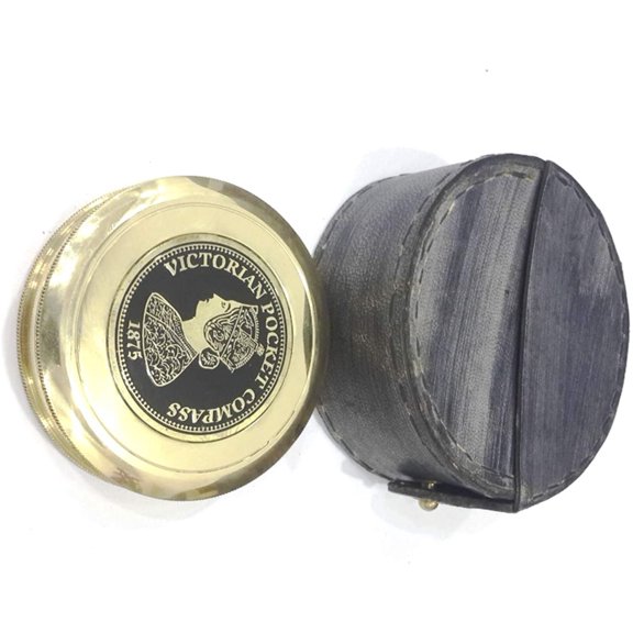 Nautical Maritime Victorian Brass Pocket Compass With leather Case.