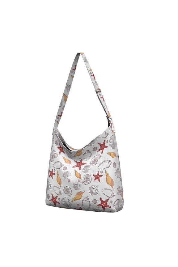 Nautical Mermaid Canvas Tote Bag – Tropical Starfish and Coral Pattern with Beach Seashells and Ocean Marine Life, Foldable and Eco-Friendly
