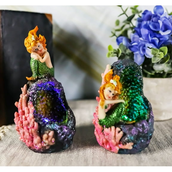 Nautical Mermaid Mergirl Sitting By LED Light Geode Crystal Cave Figurine Set 2