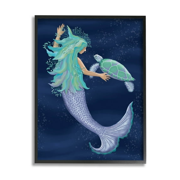 Nautical Mermaid Swimming Tortoise Fairy Tales & Fantasy Graphic Art Black Framed Art Print Wall Art