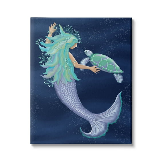 Nautical Mermaid Swimming Tortoise Fairy Tales & Fantasy Graphic Art Gallery Wrapped Canvas Print Wall Art