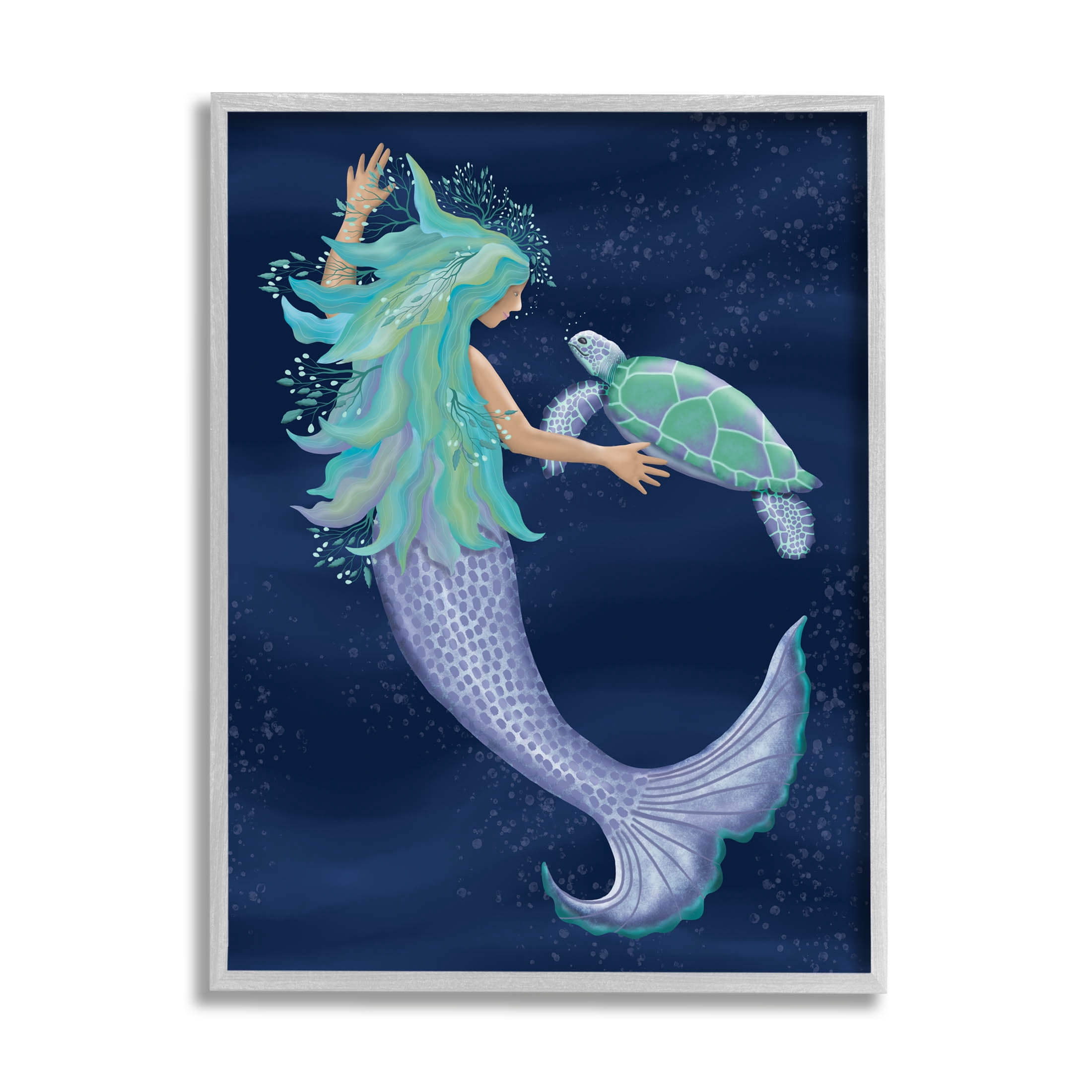 Nautical Mermaid Swimming Tortoise Fairy Tales & Fantasy Graphic Art Gray Framed Art Print Wall Art