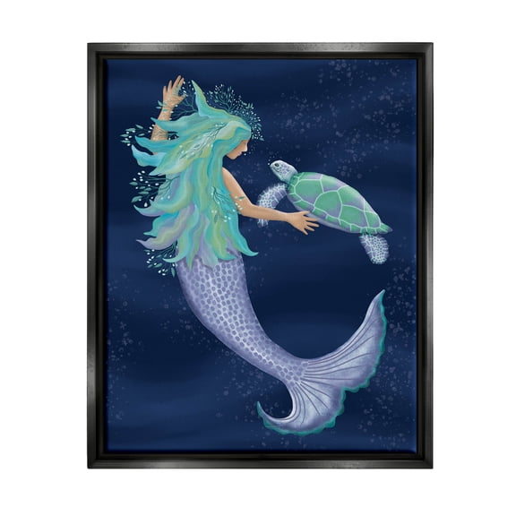 Nautical Mermaid Swimming Tortoise Fairy Tales & Fantasy Graphic Art Jet Black Framed Art Print Wall Art