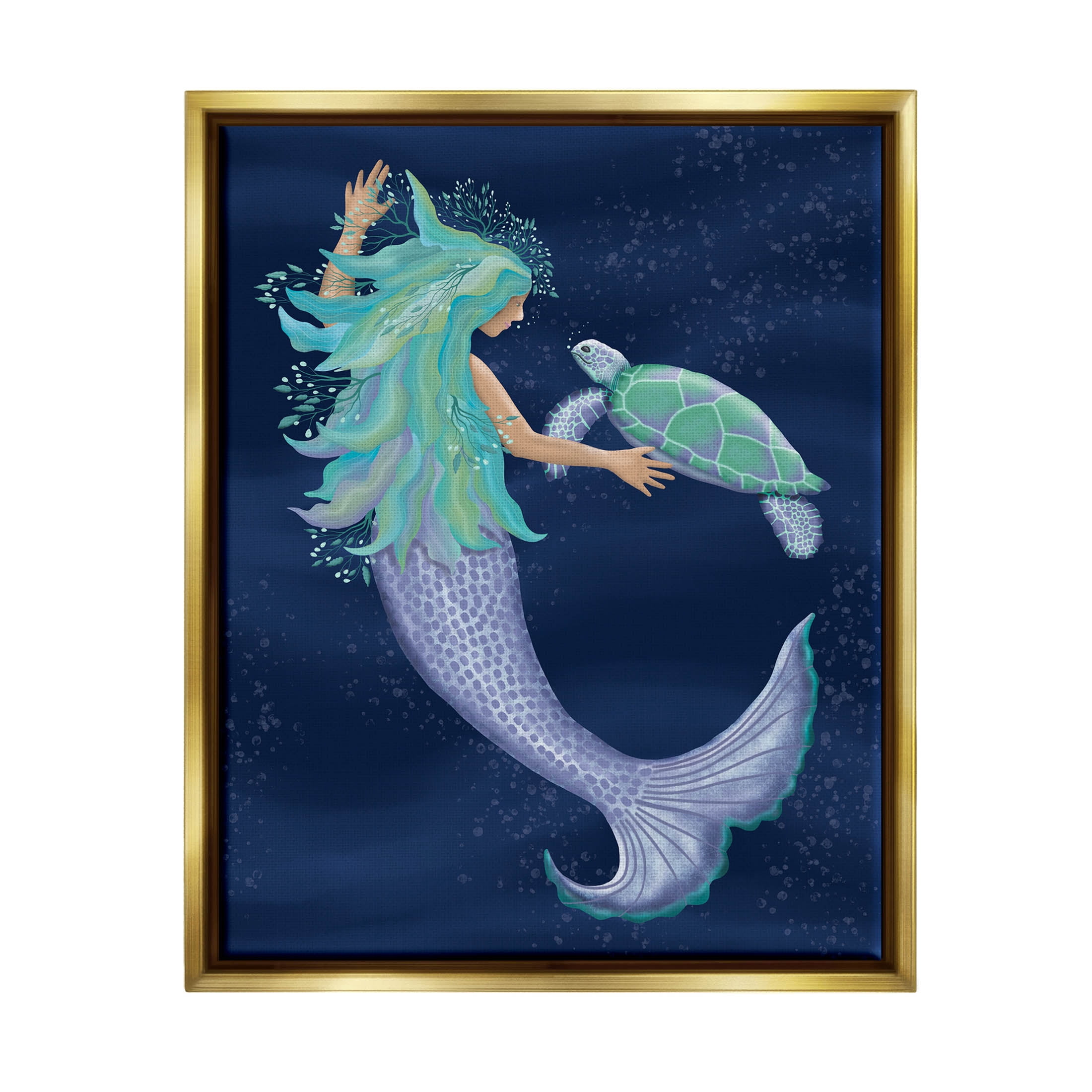Nautical Mermaid Swimming Tortoise Fairy Tales & Fantasy Graphic Art Metallic Gold Framed Art Print Wall Art