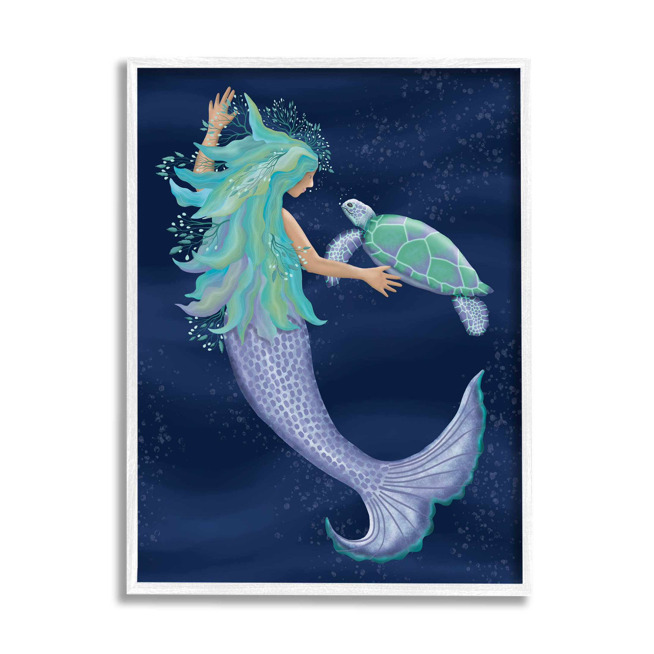 Nautical Mermaid Swimming Tortoise Fairy Tales & Fantasy Graphic Art White Framed Art Print Wall Art