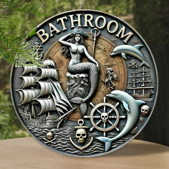 Nautical Mermaid & Pirate-Themed Aluminum Bathroom Sign - Round, Vintage Wall Art with Skulls, Compasses & Sailing Ships - Ideal for Home, or Garden Decor - Unique Gift for Sea Lovers, Mermaid