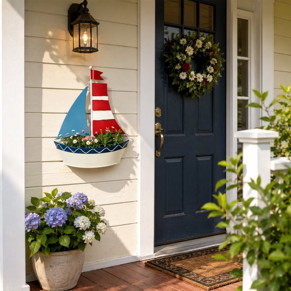 Nautical Metal Sailboat Figurine with Red & Blue Sails Coastal Home Decor Statue for Bookshelf, Mantel & Office Desk Ornament