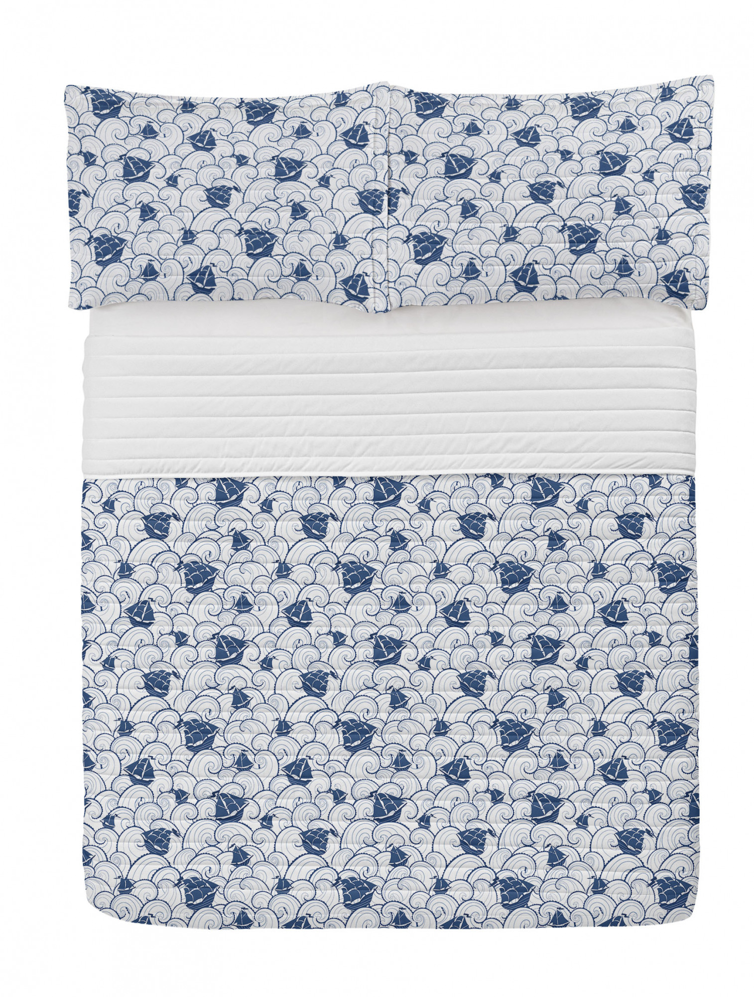 Nautical Microfiber Bedspread Set, Ship on Marine Spiral Waves Cruising Boat on Ocean Journey Sea Illustration, Soft Bedding Set with Pillow Shams & Comforter, 3 Sizes, Blue and White, by Ambesonne