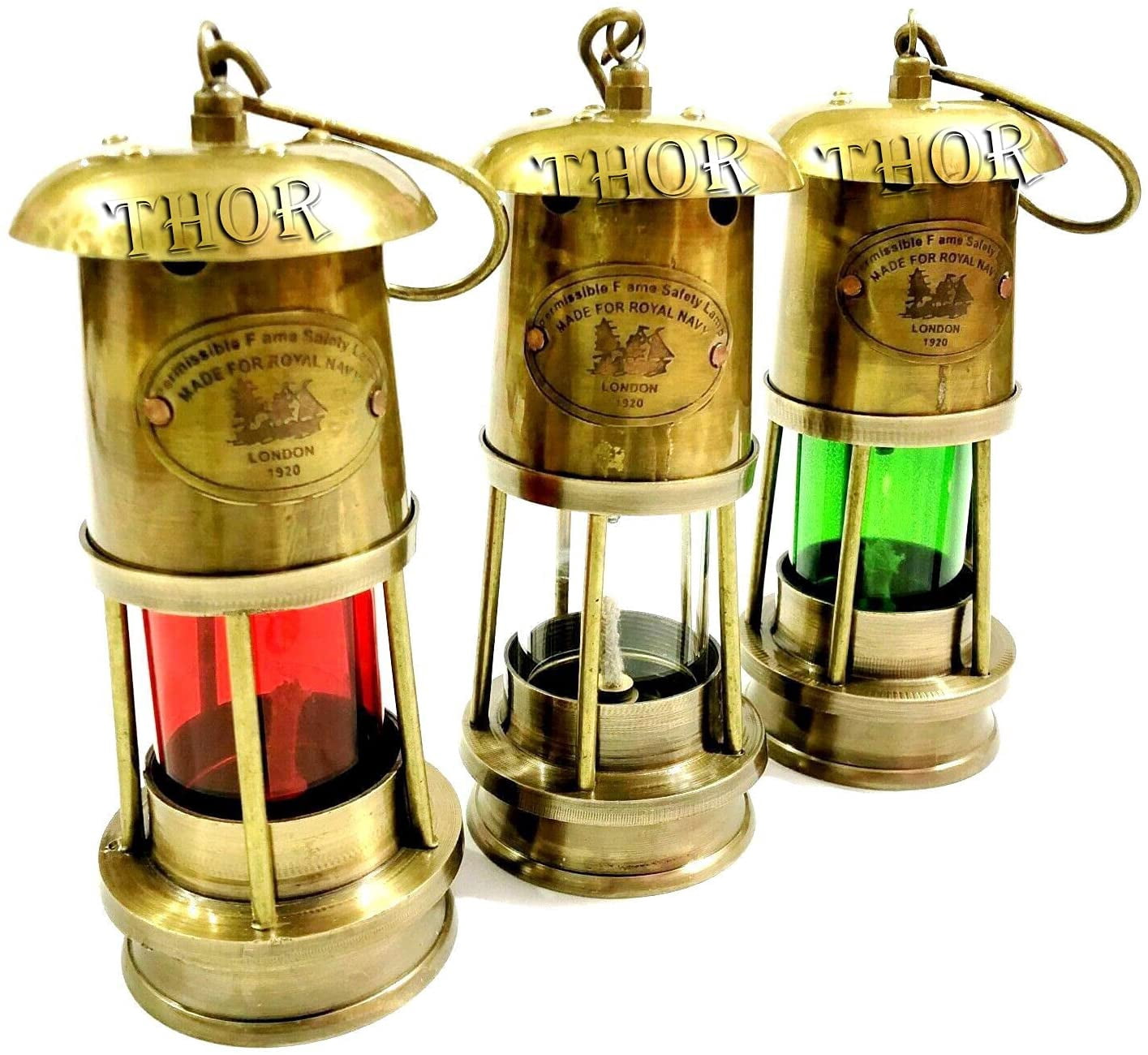 Nautical Miner Lamps Set of Three Ship Oil Lamp Red White & Green Glass 6 Inches Vintage Decor