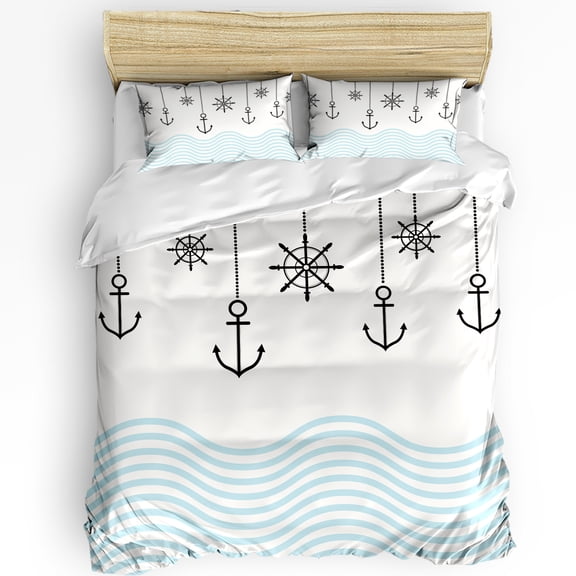 Nautical Motifs Waves Anchors Duvet Cover with Pillow Case Custom Comforter Bedding Set Quilt Cover