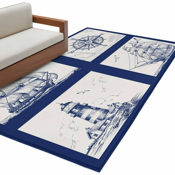 Nautical Navy Area Rug 3x5 FT, Non Slip Entryway Bedside Carpet, Blue Lighthouse Boat Compass Ocean Washable Soft Floor Carpet Indoor Mat Non-Shedding Throw Rug for Dorm Kitchen Home Office