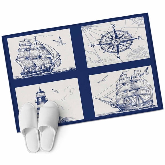 Nautical Navy Bathroom Mat 2x3 FT, Non Slip Small Kitchen Mat, Blue Lighthouse Boat Compass Ocean Washable Soft Backed Front Door Throw Rug Non-Shedding Indoor Outdoor Doormat for Entryway Sink