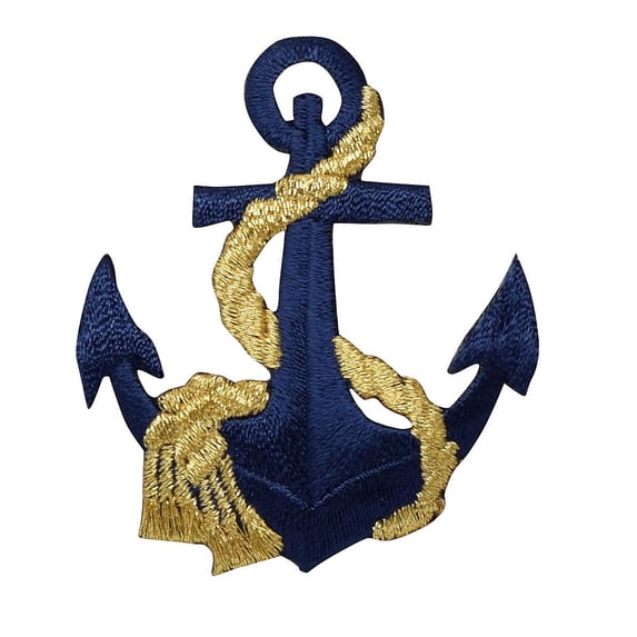 Nautical Navy Blue Anchor - Gold Rope - Iron on Applique/Embroidered Patch