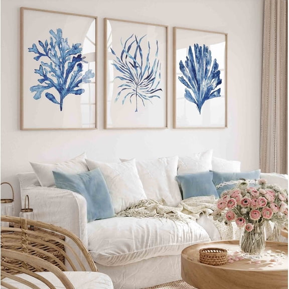 Nautical Navy Blue Coral & Seaweed Prints, Minimalist Watercolor Artwork, Beach House Wall Decor, Extra Large Poster Nature Print, Poster Only