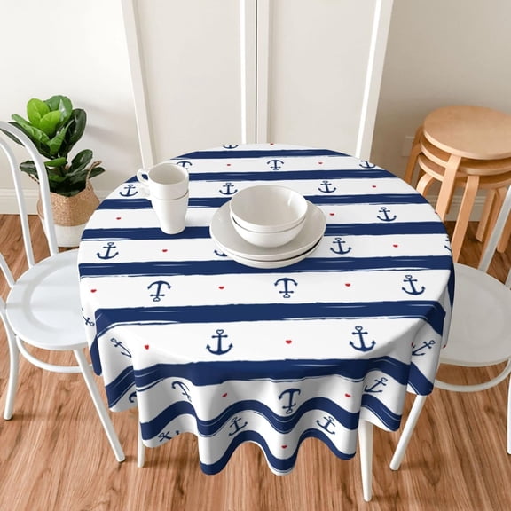 Nautical Navy Blue Striped Anchor Round Tablecloth 60 Inch, Decorative Holiday Home Party Table Cloth for Kitchen Dining Picnic Table Cover