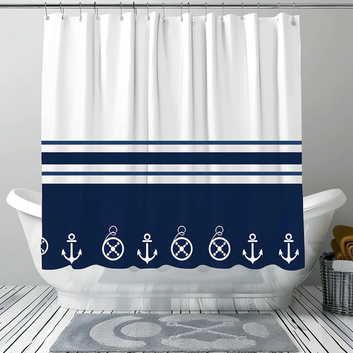 Nautical Navy Blue and White Anchor Print Shower Curtain Marine Style ...