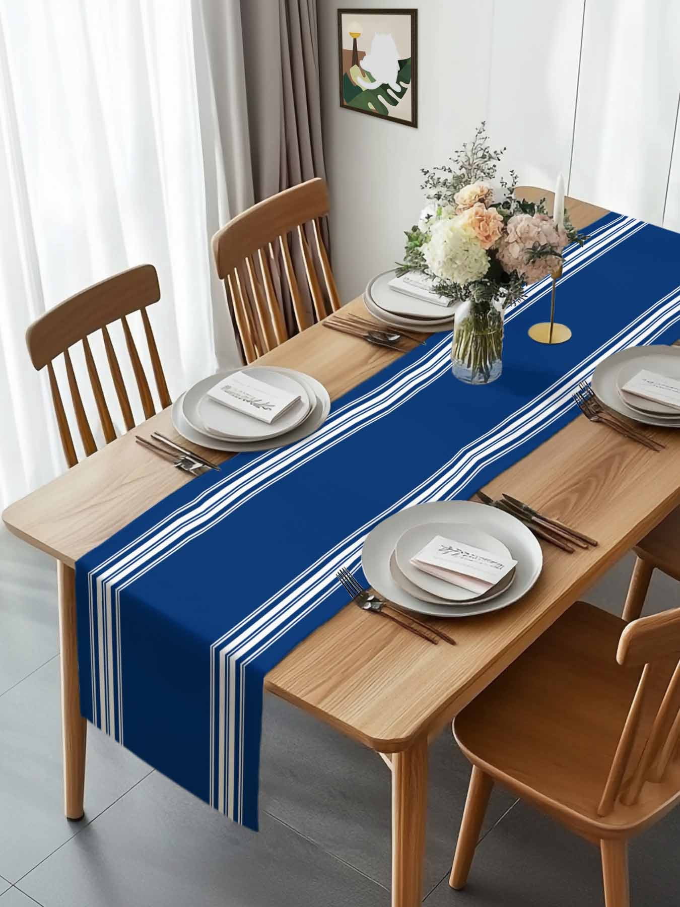 Nautical Navy Blue White Stripes Table Runner 90 Inches Long, Country Farmhouse Style Table Runners Tabletop Scarf Kitchen Dining Tables Decoration for Home Party Indoor Outdoor