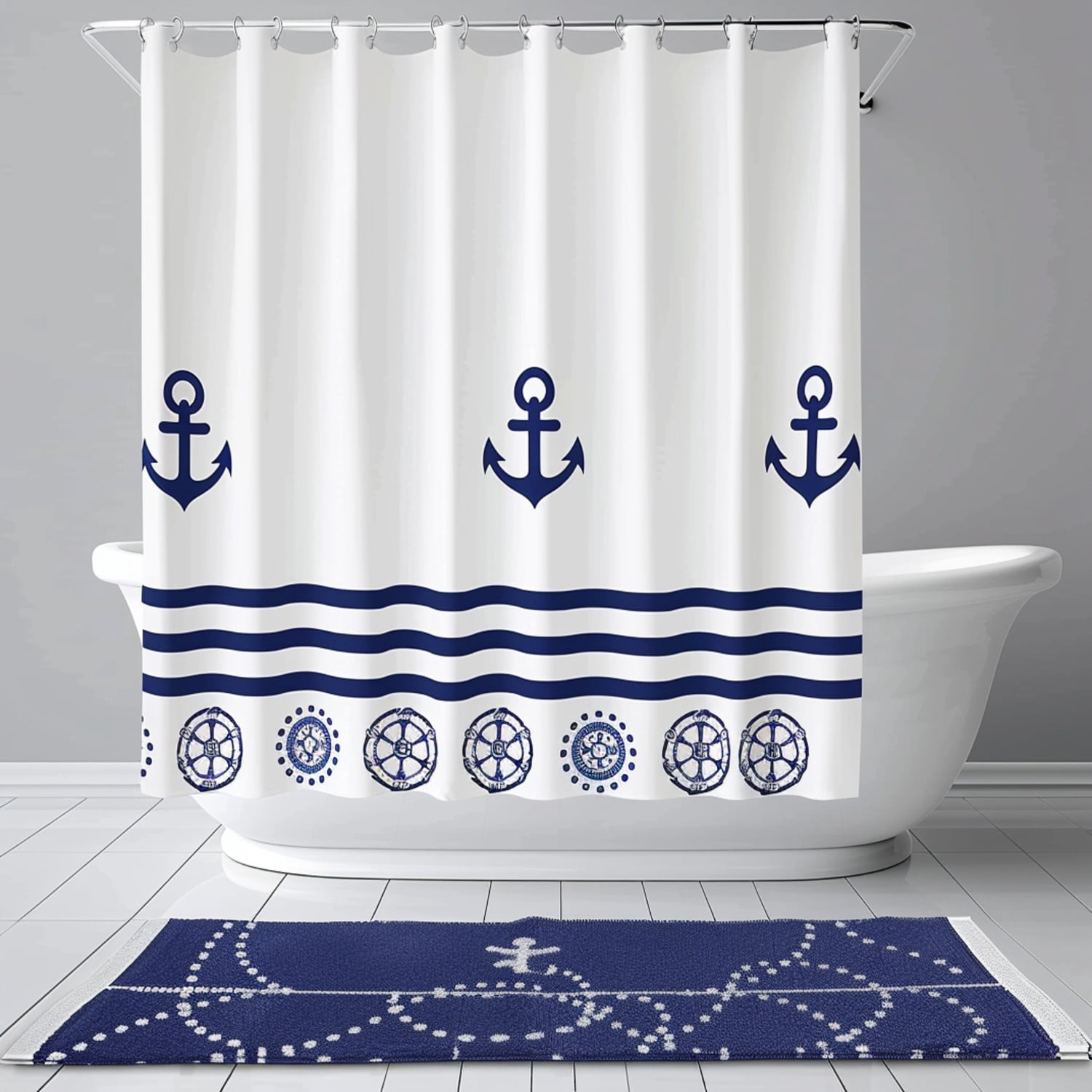 Nautical Navy Blue and White Anchor Print Shower Curtain Marine Style ...