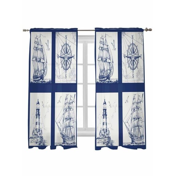 Nautical Navy Curtains 63 Inch Length, Sheer Curtains for Bedroom Living Room Window Blue Lighthouse Boat Compass Ocean Rod Pocket Voile Drapes Kitchen Curtains Small Half Window 42"x63" 2 Panels