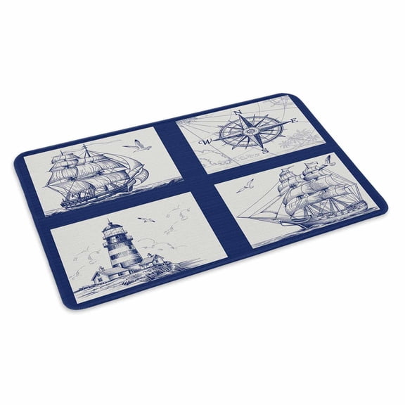 Nautical Navy Doormat Outdoor Entrance 24"x36", Blue Lighthouse Boat Compass Ocean Absorb Moisture Dirt Door Mats, Non-Slip Rubber Backing Floor Mats Indoor, Low-Profile Front Door Rugs