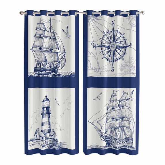 Nautical Navy Kitchen Curtains 84 Inch Length, Blue Lighthouse Boat Compass Ocean Grommet Top Bedroom Living Room Curtains, Light Filtering Cafe Curtain Drapes 2 Panels Set 84''x84''