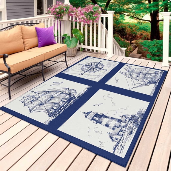Nautical Navy Outdoor Rug 4x6 Ft, Non Slip Washable Area Rug, Blue Lighthouse Boat Compass Ocean Patio Rugs Carpet Runner, Large Floor Mat for Indoor/Outdoor Deck Porch Camping