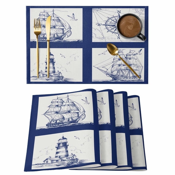 Nautical Navy Placemats Set of 6, Blue Lighthouse Boat Compass Ocean Placemats for Dining Table, Place Mats for Kitchen Tabletop, Waterproof Wipeable Dining Table Mats Set