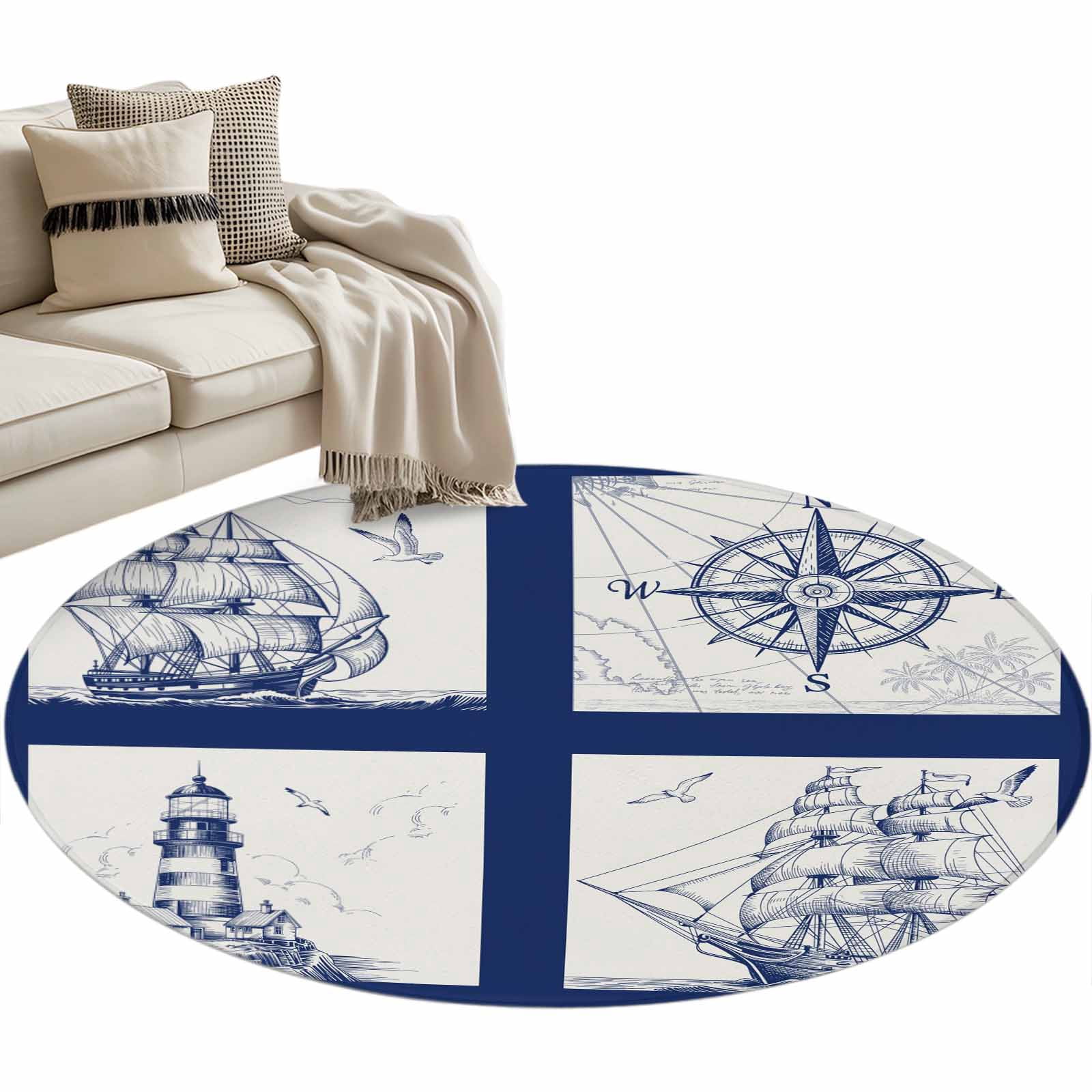 Nautical Navy Round Area Rug 3 FT, Small Kitchen Bathroom Mat, Blue ...