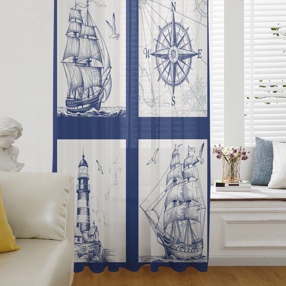 Nautical Navy Semi Sheer Curtains Drapes for Living Room, Bedroom, French Doors Window 72 Inches Long, Blue Lighthouse Boat Compass Ocean Rod Pocket Chiffon Curtain Drapery Voile Draperies Panel
