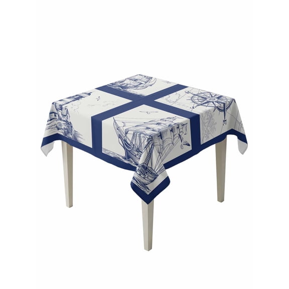 Nautical Navy Table Cloth, Waterproof Tablecloth for Square Tables, Blue Lighthouse Boat Compass Ocean Reusable Washable Fabric Table Cover for Restaurant Kitchen Dining Tables 60"x60"