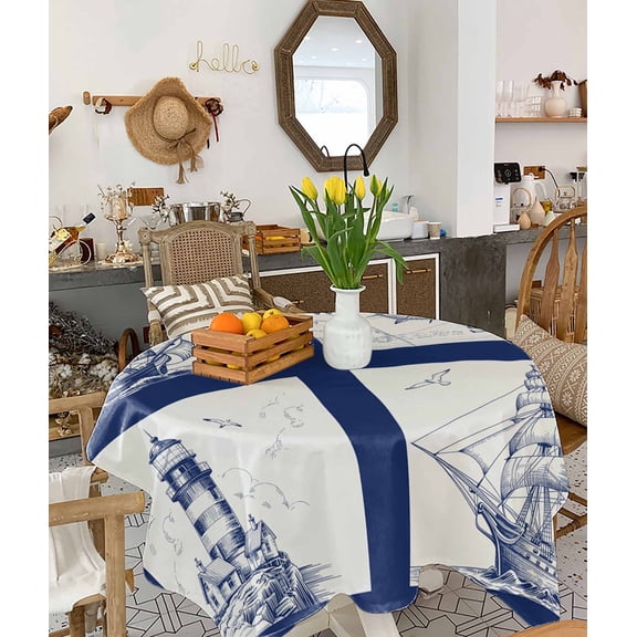 Nautical Navy Tablecloth Square Table Cloth 54x54, Waterproof Tablecloth Outdoor Table Cloth, Blue Lighthouse Boat Compass Ocean Washable Table Cover for Kitchen Dining Party