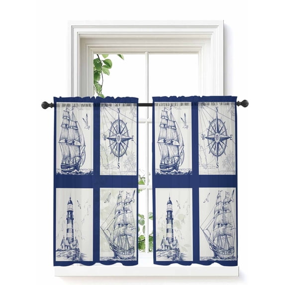 Nautical Navy Tier Curtains 45 Inch Length,Sheer Curtains for Bedroom Living Room Window Blue Lighthouse Boat Compass Ocean Rod Pocket Drapes Kitchen Curtains Small Half Window 27.5"x45" 2 Panels