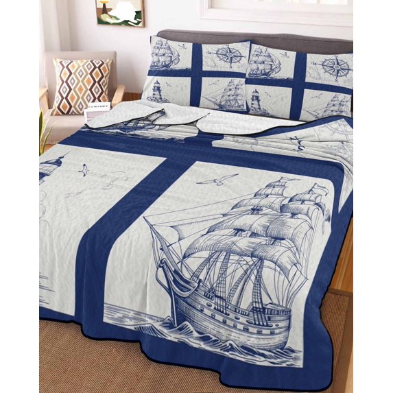 Nautical Navy Twin XL Size Down Alternative Comforter, Lightweight Comforter Quilt Bedding Set with Pillow Shams Blue Lighthouse Boat Compass Ocean All Seasons Bed Comforter Duvet Insert 68"x98"