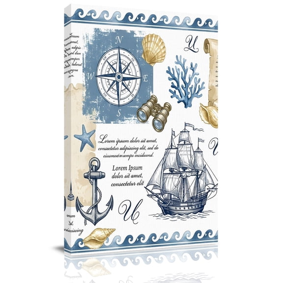Nautical Ocean Canvas Wall Art for Living Room, Vintage Compass Sailboat Lighthouse Anchor Wall Decor Framed Artwork Pictures Ready to Hang for Bedroom Office Home Decor