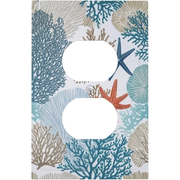 Nautical Ocean Colorful Seashell Blue Starfish 1 Gang Duplex Socket Outlet Covers Decorative Dual Device Light Switch Cover Receptacle Electrical Wall Plate Plug Switchplate for Bathroom Decor